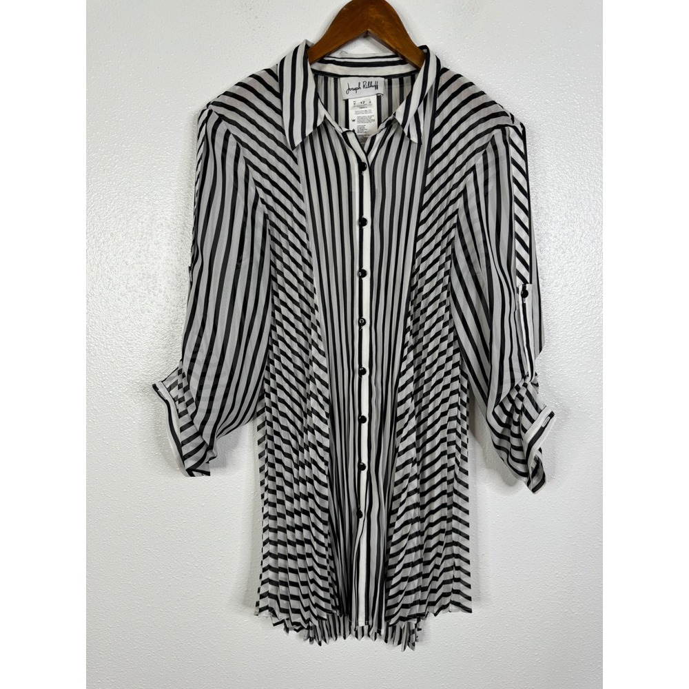 Joseph Ribkoff Black White Striped Pleated Button Down Tunic Blouse 171994 Sz 12